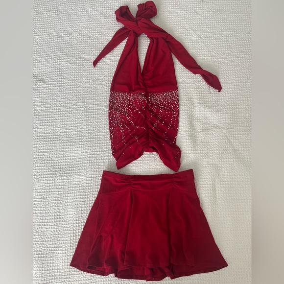Red Rhinestone Two Piece Halter Top/Skirt Set Dance Costume - Picture 1 of 7